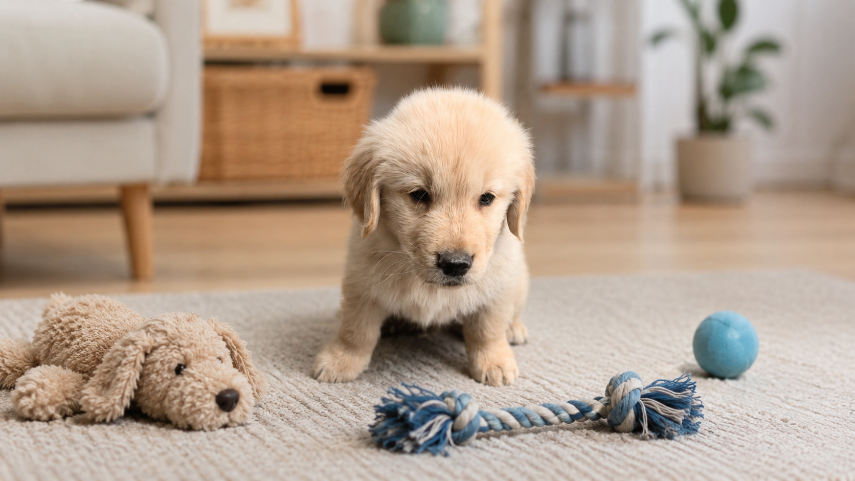 Cachorro Golden Retriever sentado junto a sus juguetes